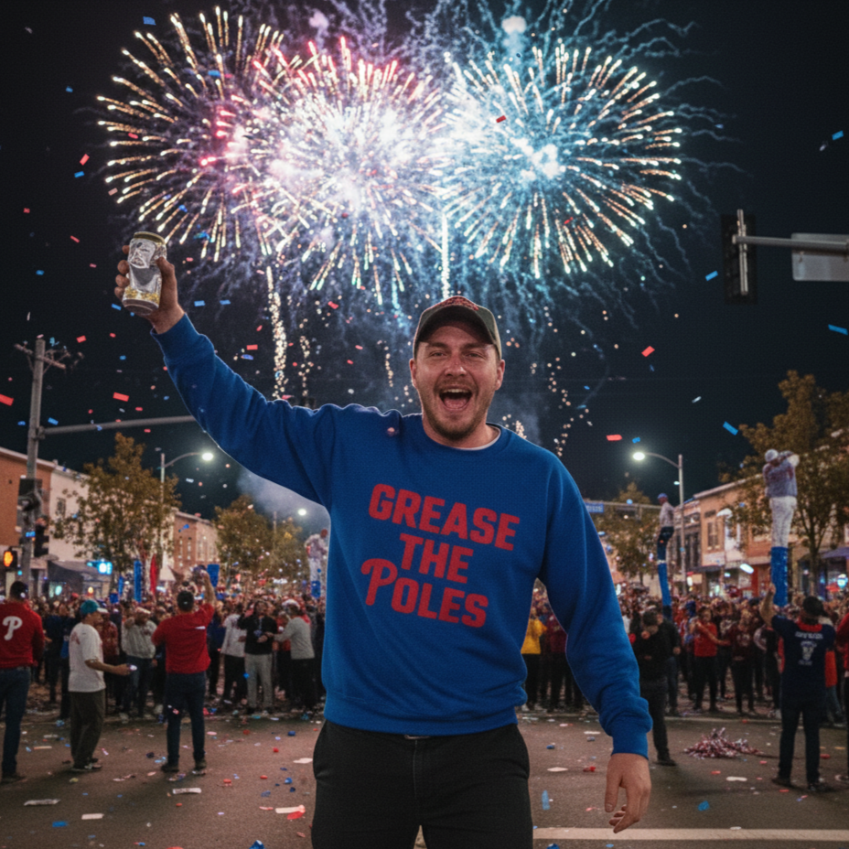 Man in blue sweatshirt with 'Grease The Poles' text celebrating with fireworks in the background