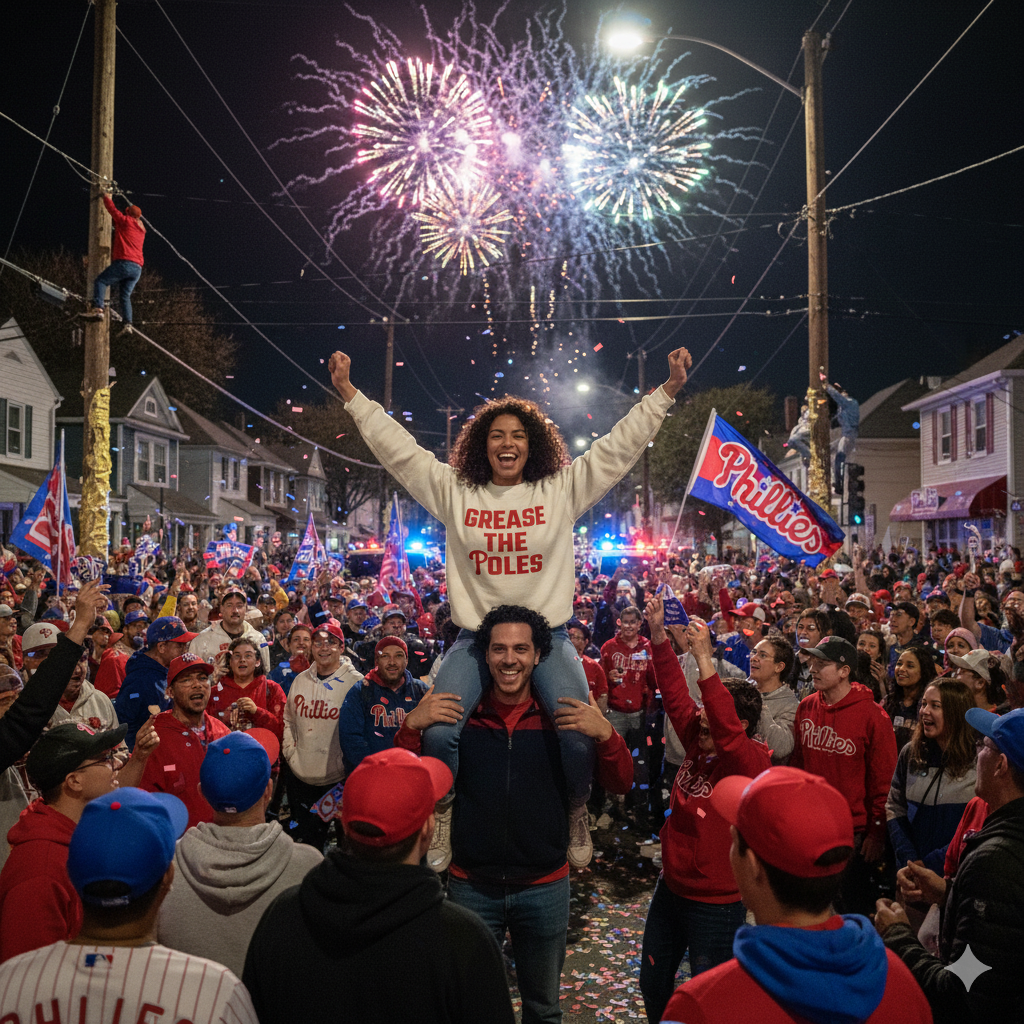 People celebrating with fireworks and Phillies flags in a street setting