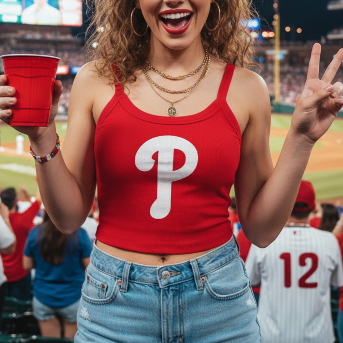 Woman in a red tank top with a white 'P' at a baseball game, holding a red cup and making a peace sign.